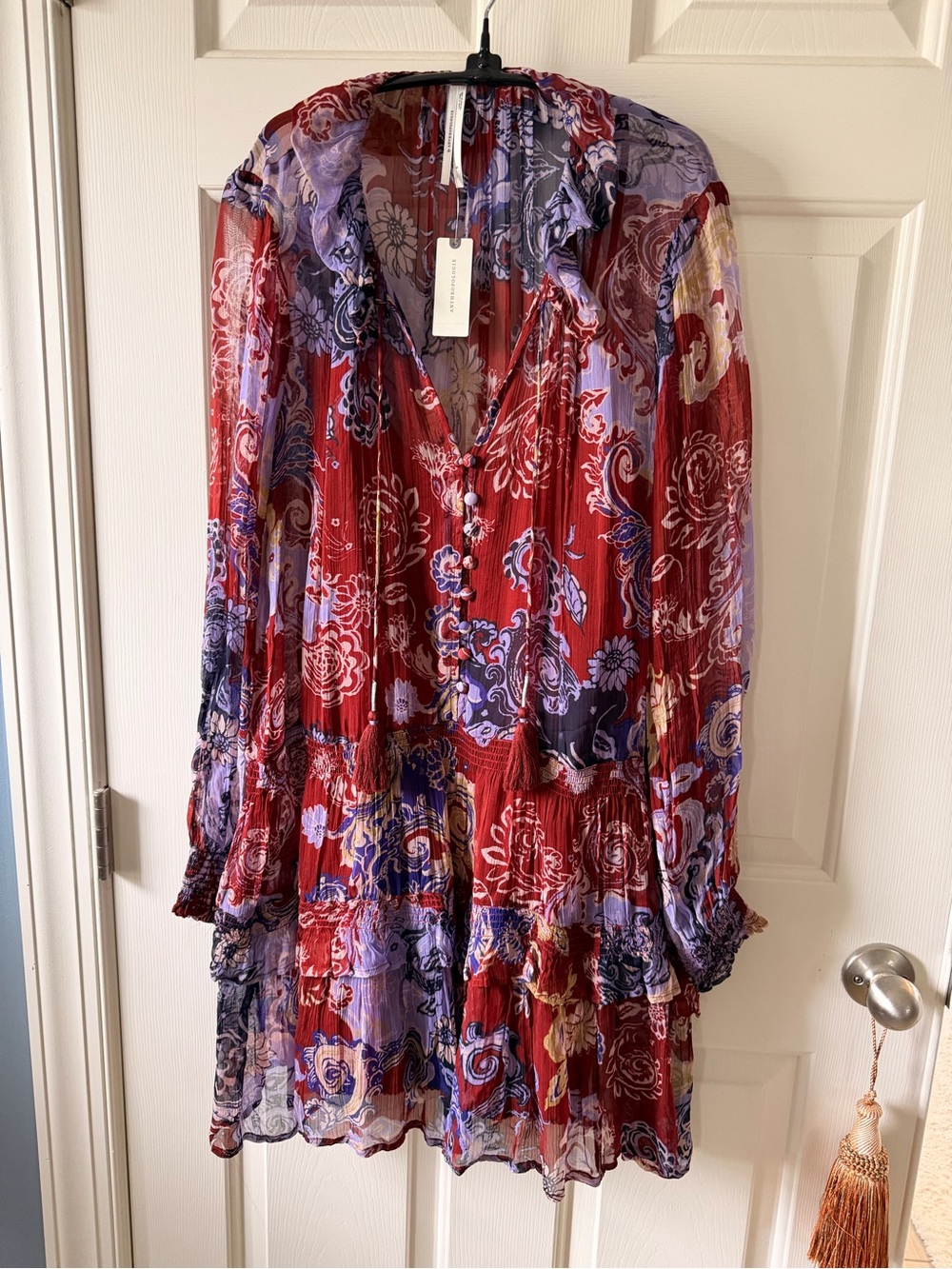 Anthropologie Maroon & Lavender Paisley Tiered Long-Sleeve Dress